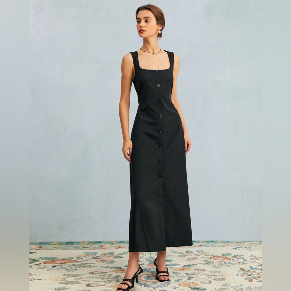 Rihoas Black U Neck Tie Back Sleeveless Maxi Dress